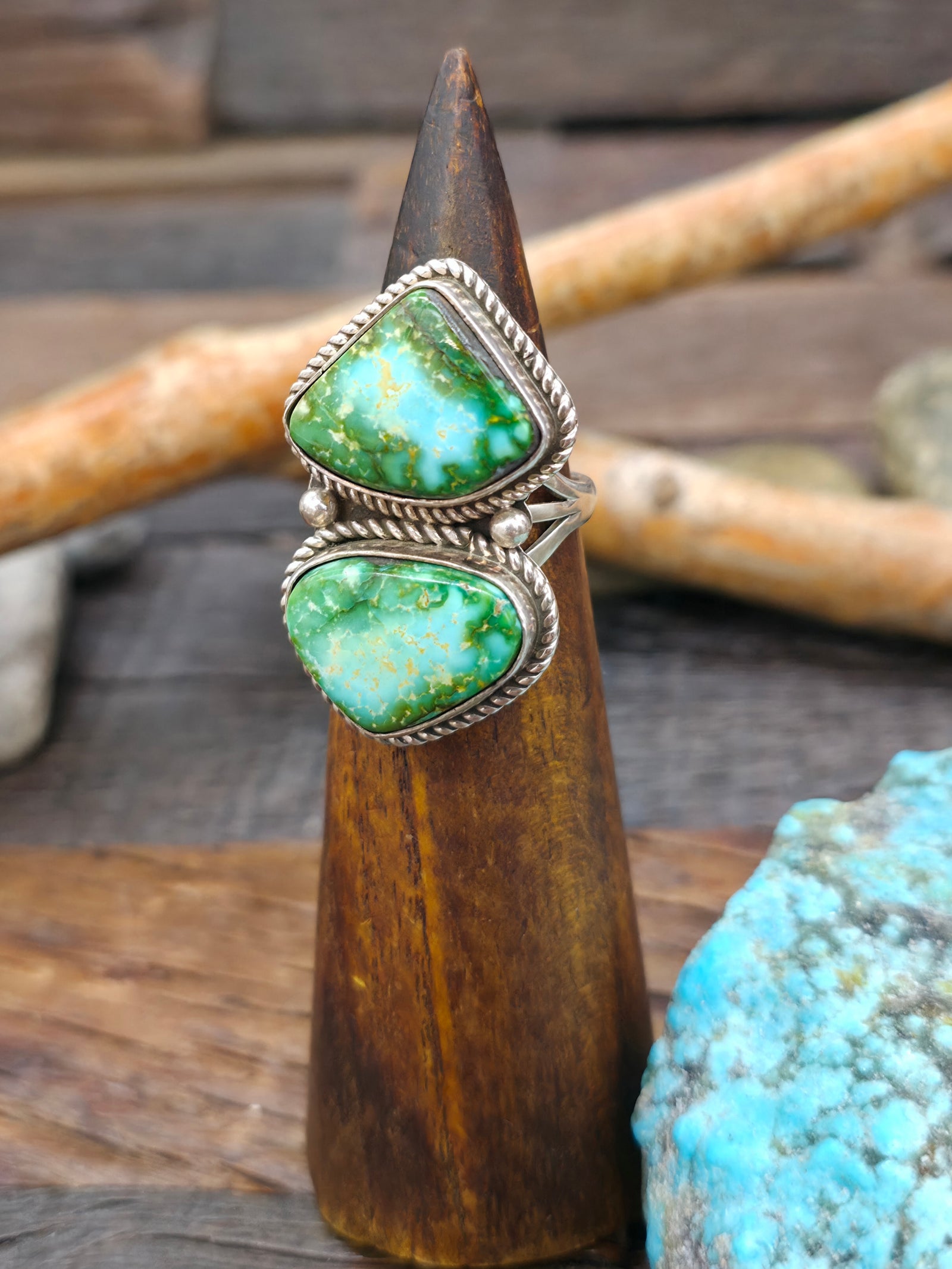 Sterling Silver Two Triangle Turquoise Ring by Larose Ganadonegro - Size 8.25