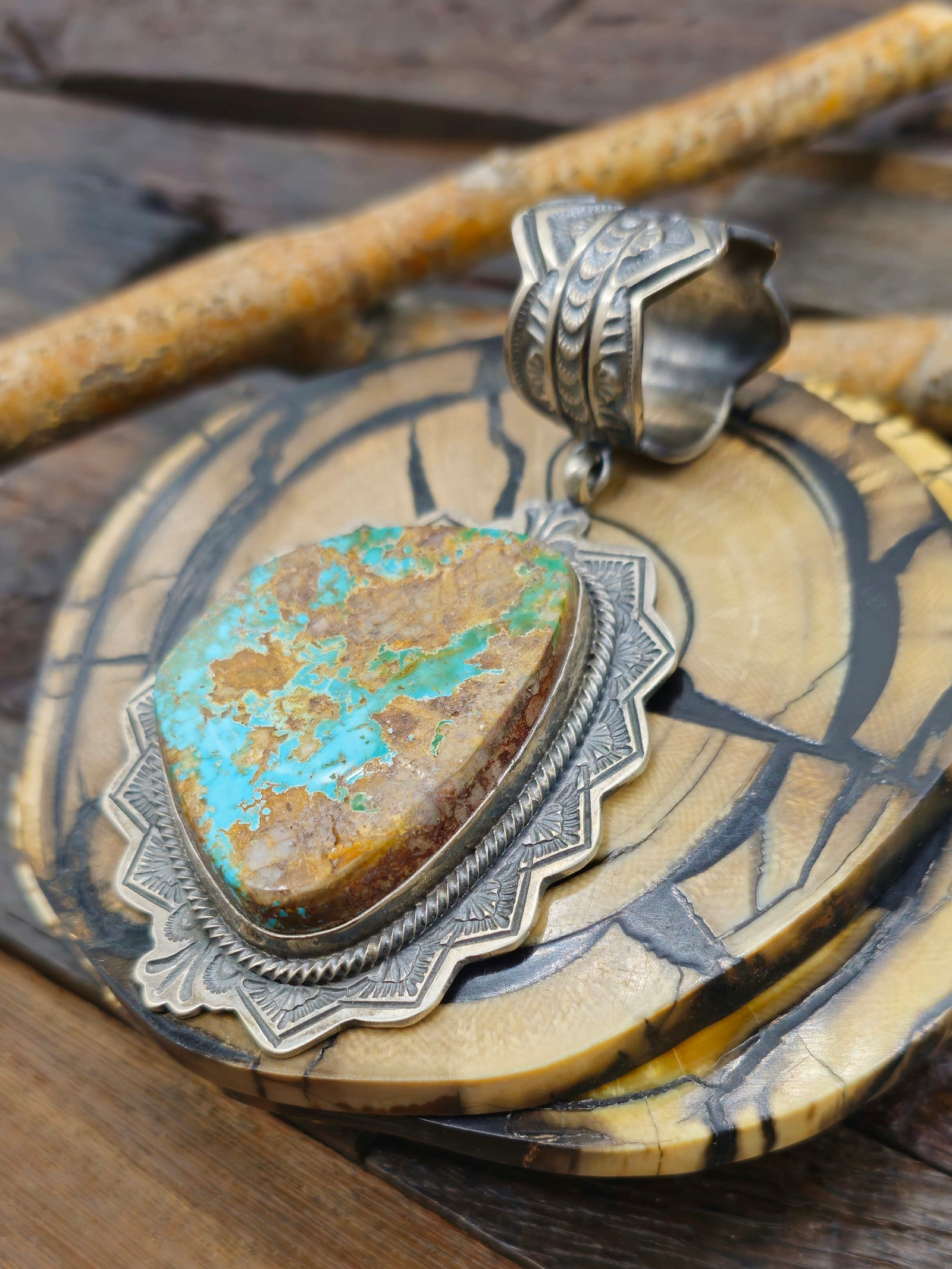 Turquoise Pendant with Stamped Sterling Silver by Leon Martinez