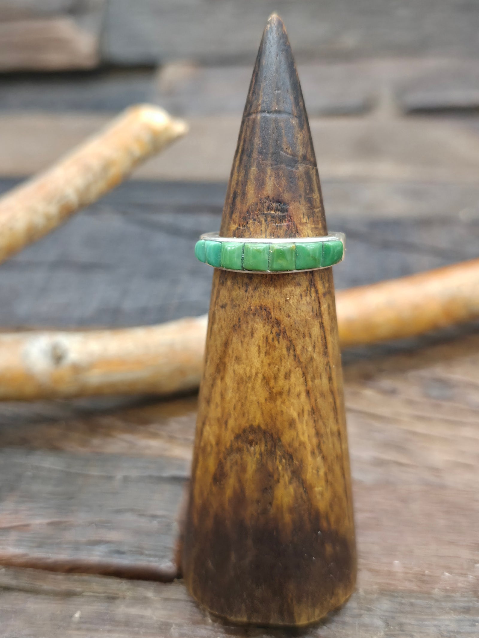 Sterling Silver Green Turquoise Cobblestone Inlay Ring by Albert Topaha - Size 9 1/2