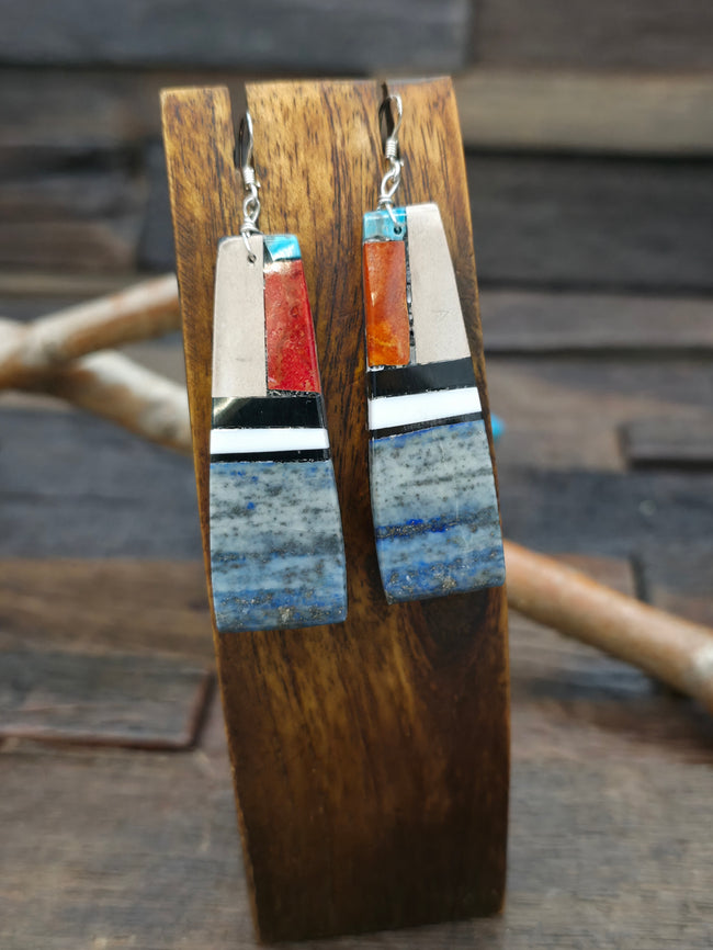 Lapis Apple Coral Jet and Howlite Mosaic Inlay Earrings by Torevia Crespin