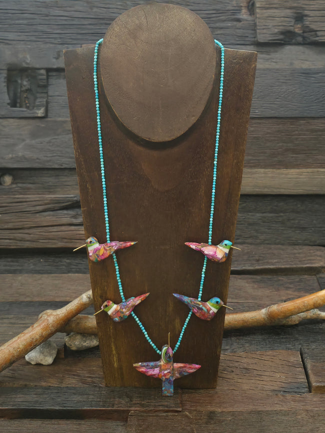 Pink and Blue Composite Five Hummingbird Necklace with Blue Turquoise Beads by Matt Mitchell - 24 in.