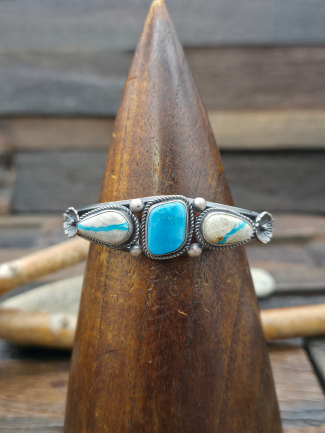 Three Stone Sterling Silver Blue Gem Boulder Turquoise Cuff Bracelet by LaRose Ganadanegro - 6 1/2 in. with Gap