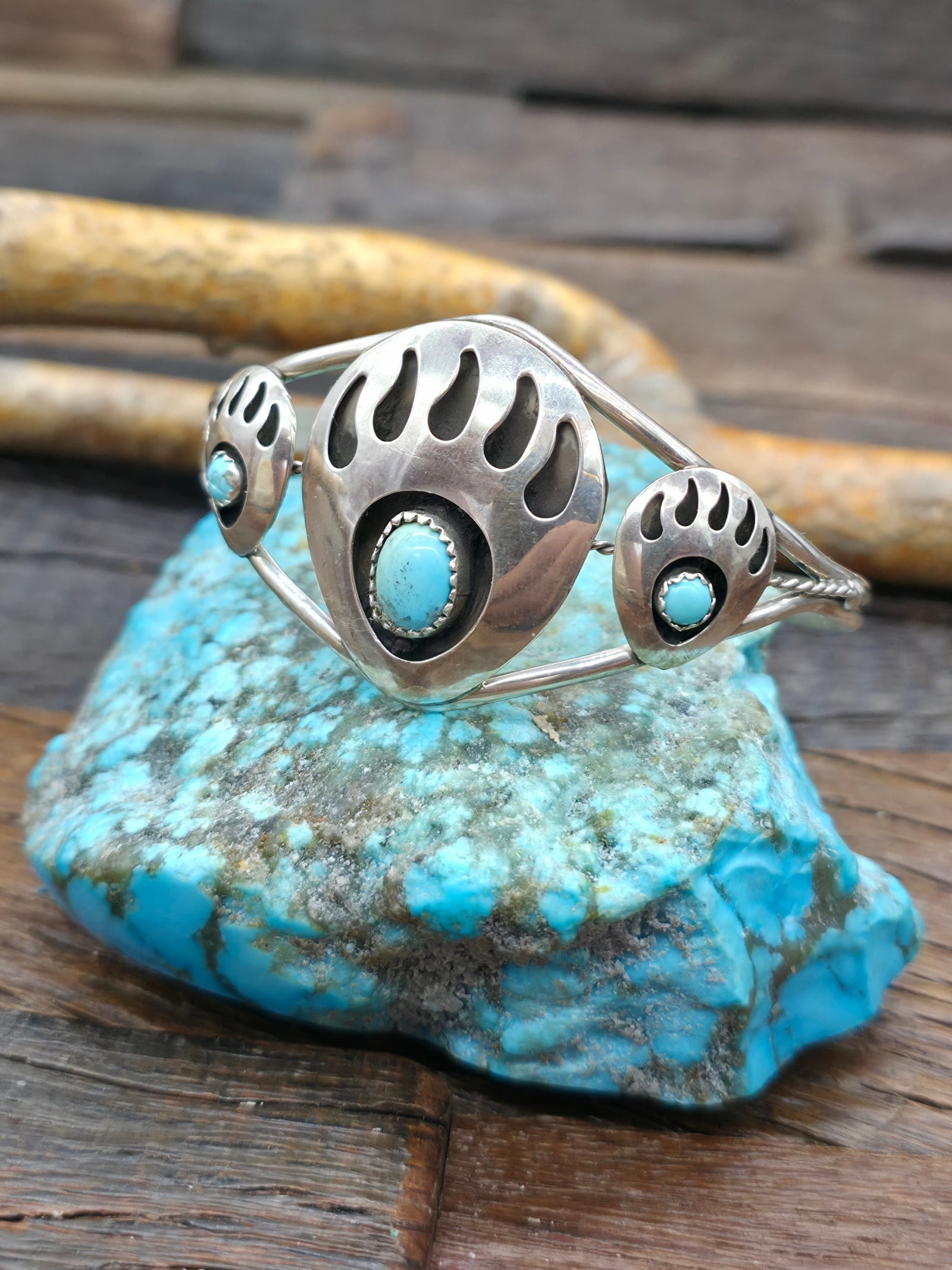 Large Turquoise and Sterling Silver Three Bear Paw Cuff by Janice Spencer - 6 1/2 in.