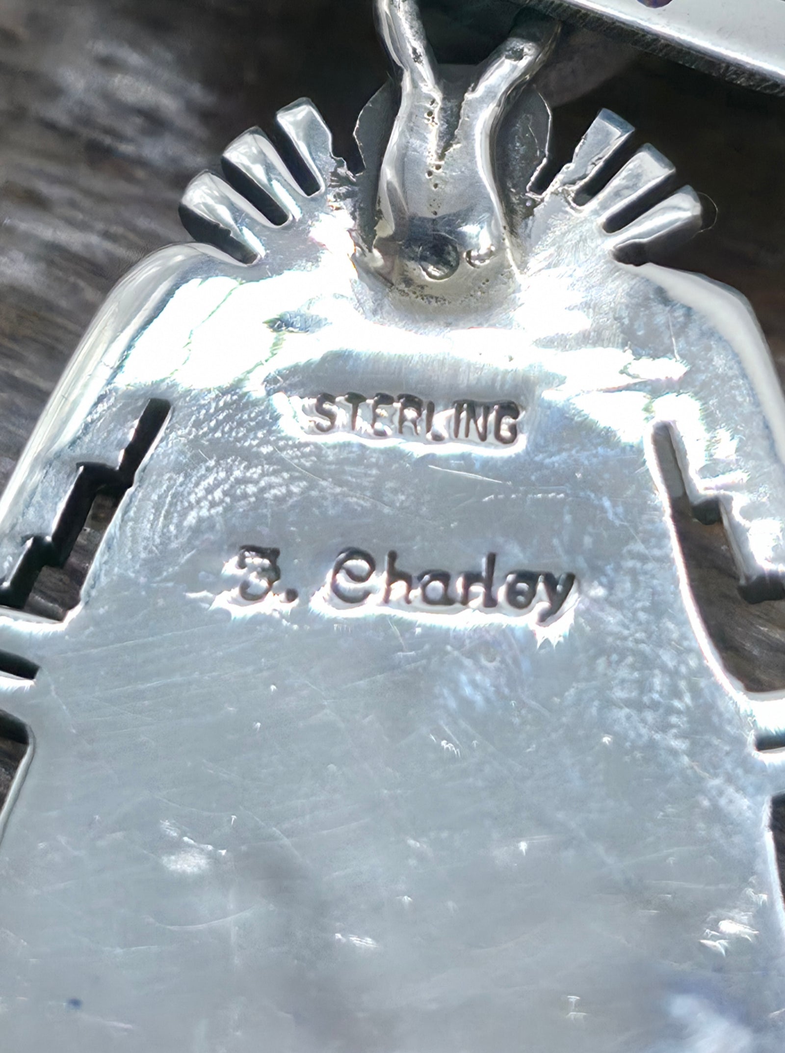 Stamped Sterling Silver Turquoise Katchina Pendant by F. Charley
