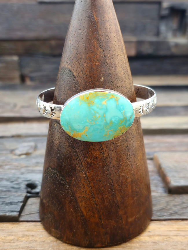 Turquoise and Sunray Stamped High Shine Sterling Silver Bracelet 7 in.