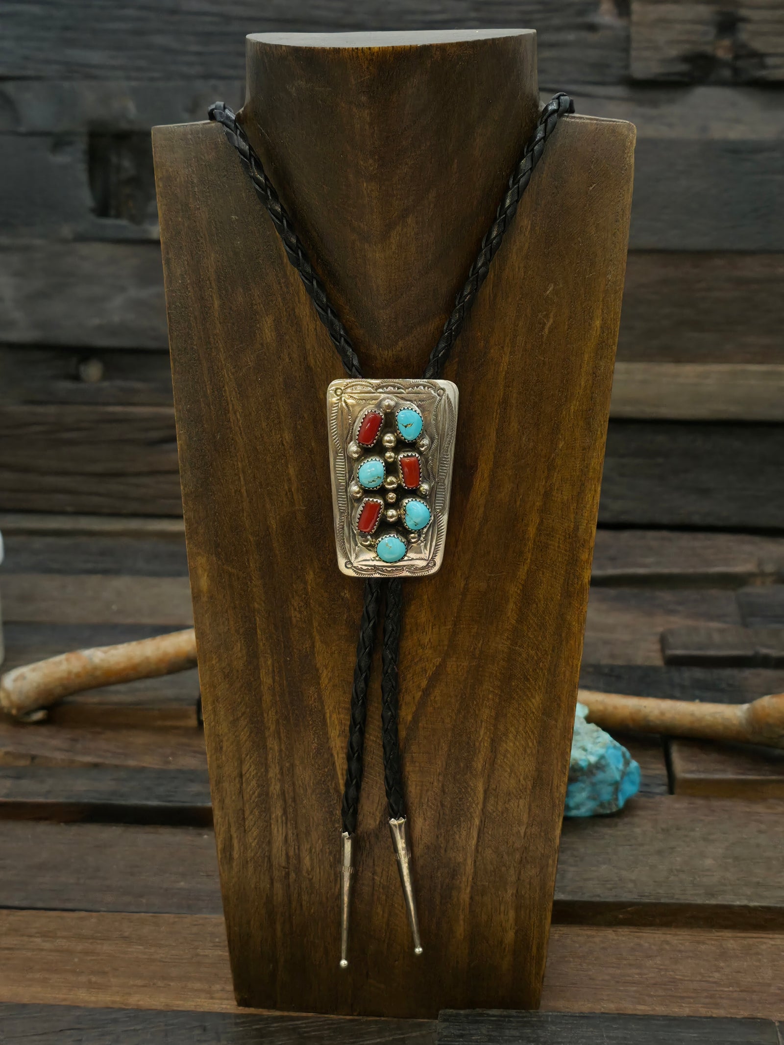 Sterling Silver Coral and Turquoise Square Bolo Tie by Jolene Begay