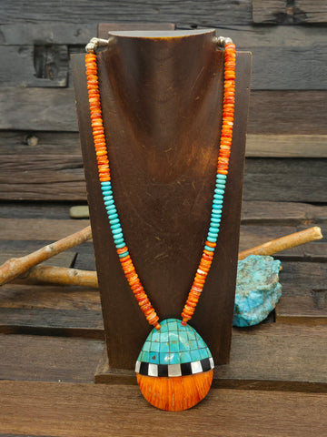 Ten Strand Clam Shell, Apple Coral, and Turquoise Bandera Necklace by Fred Archuleta - 26 in. plus 6 in. Extender