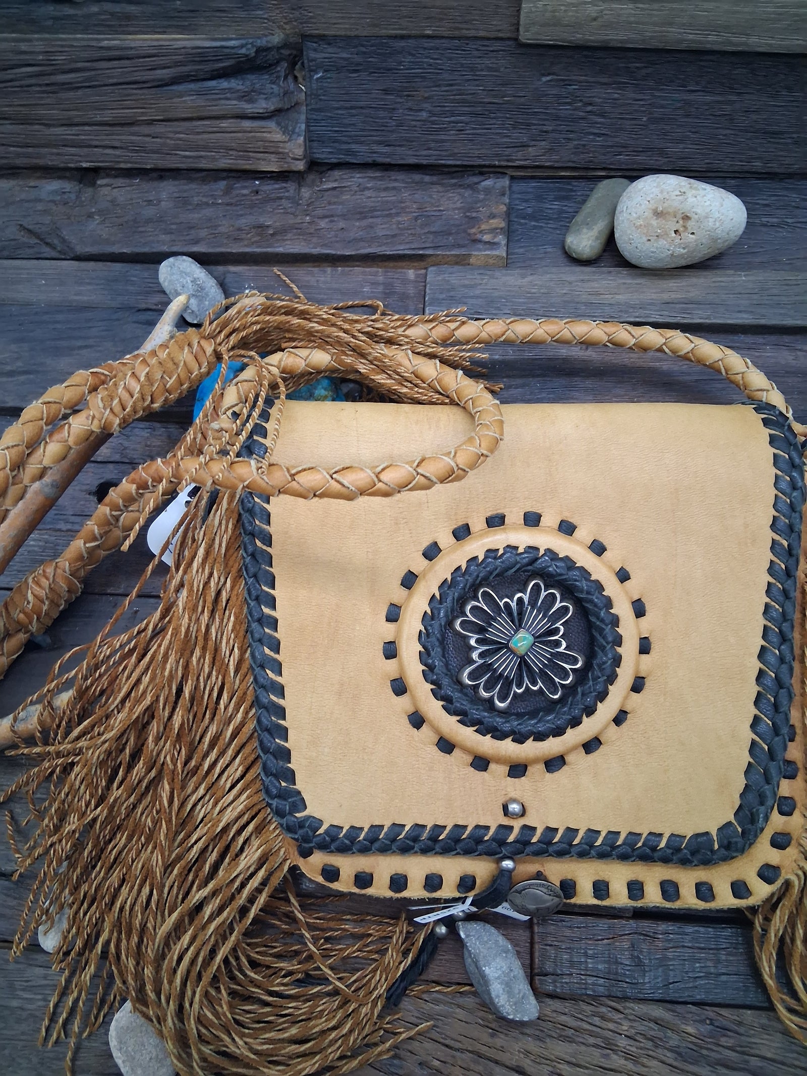 Comanche Style Fringed purse Elk Leather. Aaron Anderson tufa cast with turquoise.