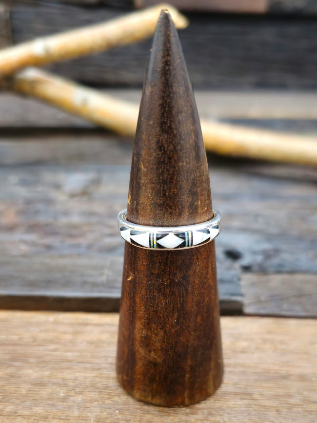 White Buffalo, Onyx, and Opal Sterling Silver Ring by Albert Topaha - Size 12
