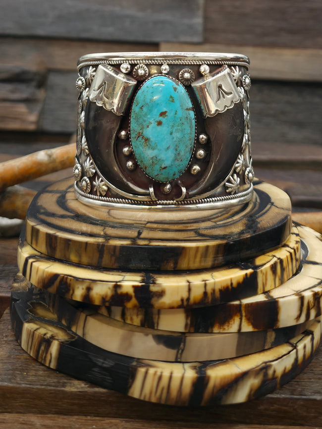 Sterling Silver Leaf Applique Cuff with Bear Claws and Turquoise by Ernest Hawthorne - 7 1/2 in. with Gap