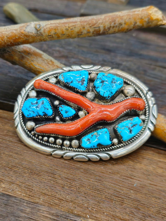 Vintage/Estate Sterling Silver Turquoise and Coral Buckle