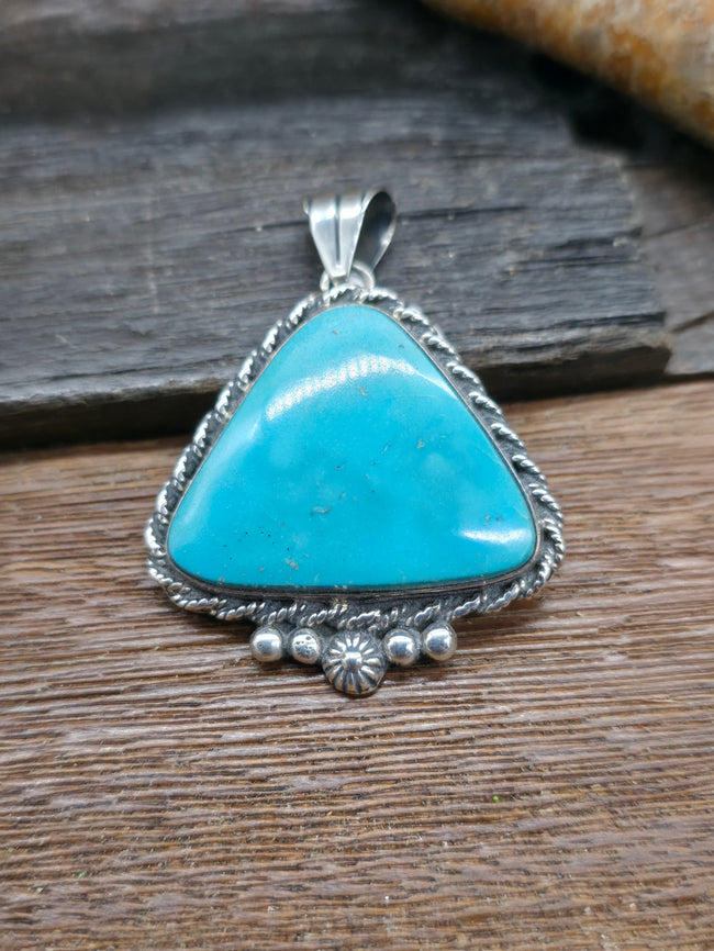 Kingman Turquoise Sterling Silver Triangle Pendant by Linda Yazzie