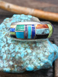 Vintage/Estate Multi Stone Sterling Silver Inlay Cuff by Betty Thomas - 6 3/4 in. with Gap