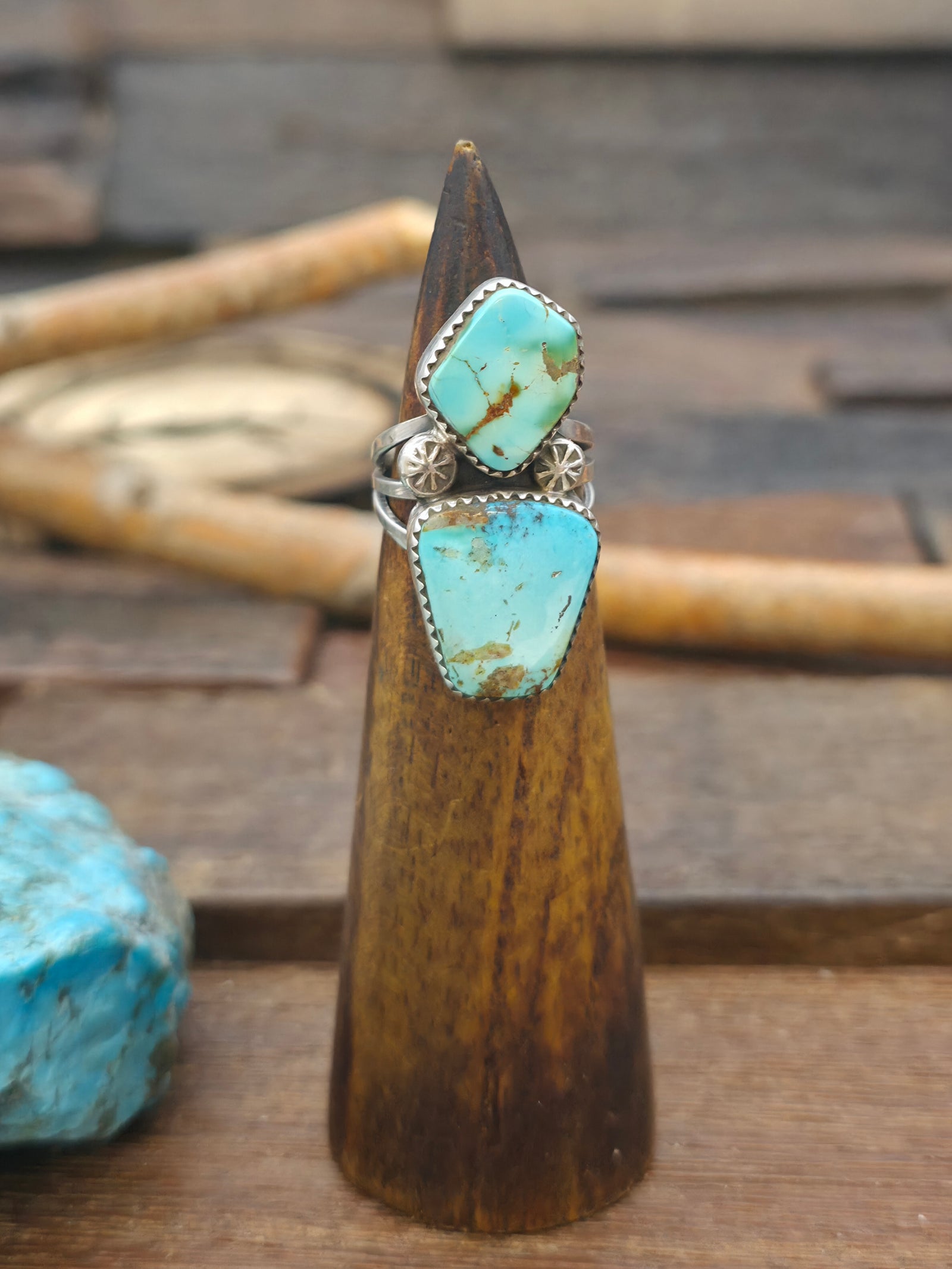 Two Stone Sterling Silver Turquoise Ring by Rosella Paxton - Size 7