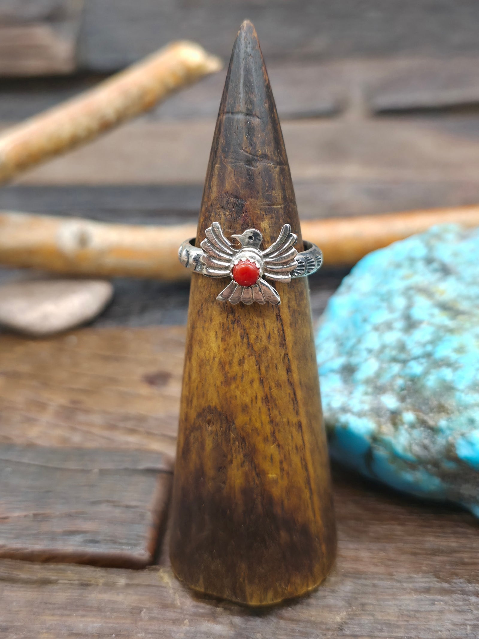 Sterling Silver Coral Thunderbird Ring by Sunshine Reeves - Size 10 1/2