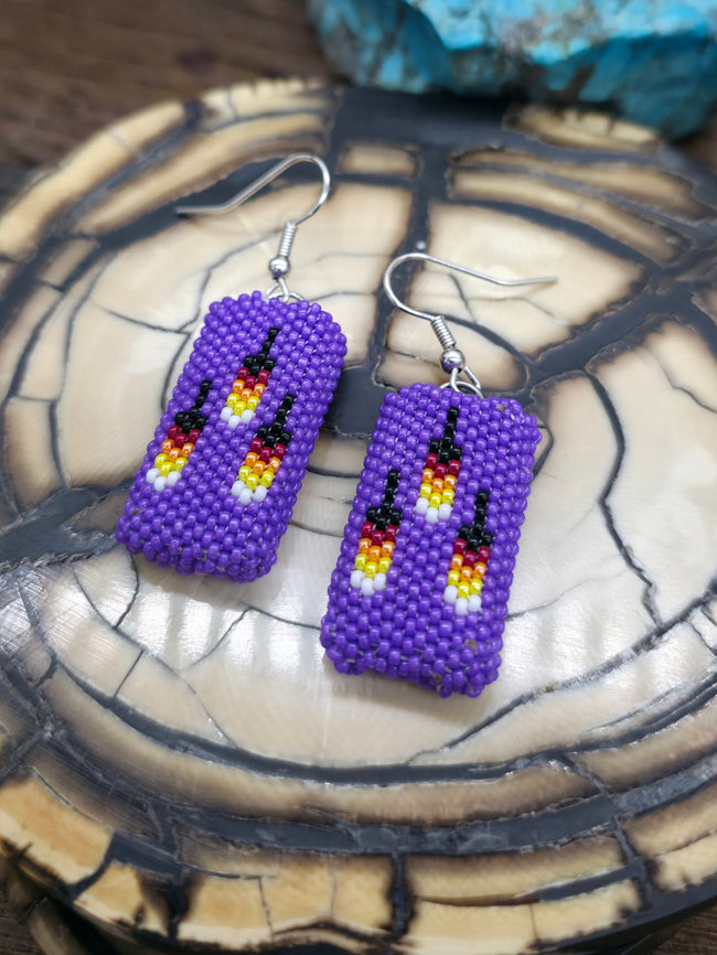Beadwork Earrings by Chad Wallace - Three Feather Design on Purple