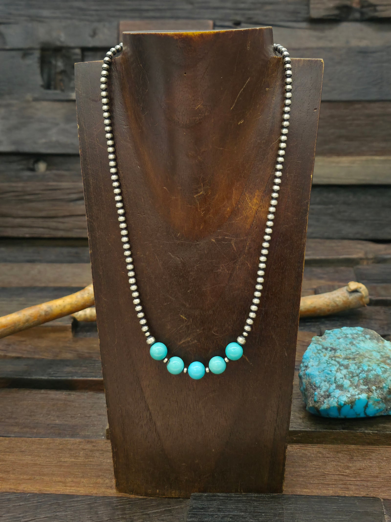 Oxidized Sterling Silver Bead Necklace with Turquoise - 19 in. plus 1 in. Extender