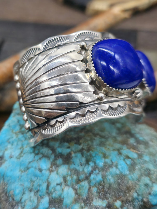 Stamped Sterling Silver and Lapis Lazuli Cuff by Mike Thomas Jr. - 6 3/4 in. with Gap