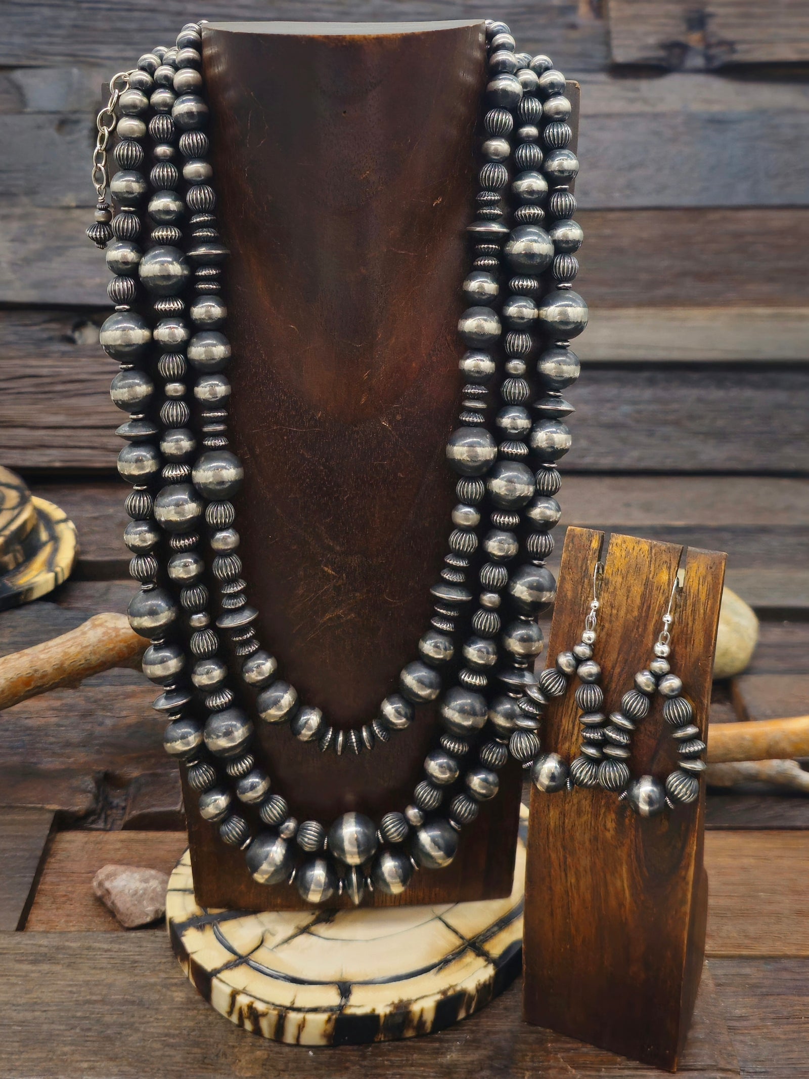 Vintage/Estate Oxidized Sterling Silver Bead Necklace and Earring Set - 24 in.
