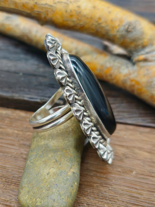 Adjustable Black Onyx Ring w/Sterling Silver Star Shots