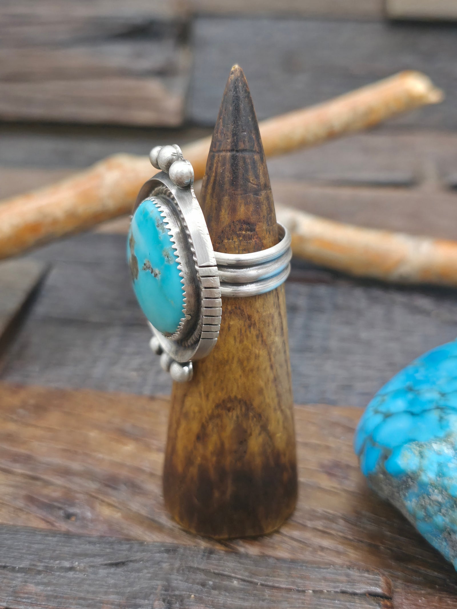 Blue Turquoise Sterling Silver Ring by Delbert Smith - Adjustable