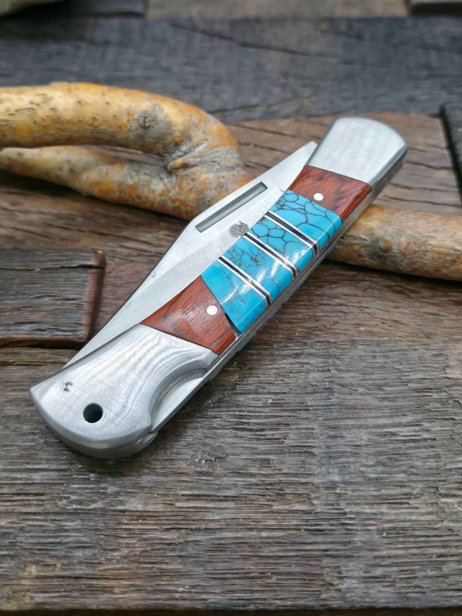 Wild Turkey Steel Pocketknife with Turquoise Inlay Handle by Eugene Chee