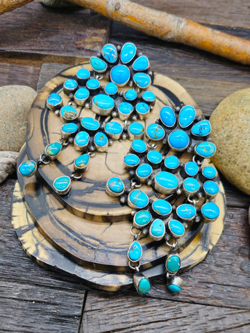 Sonoran Turquoise and Coral Sterling Silver Cluster Ring by Anthony Skeets - Size 7.5