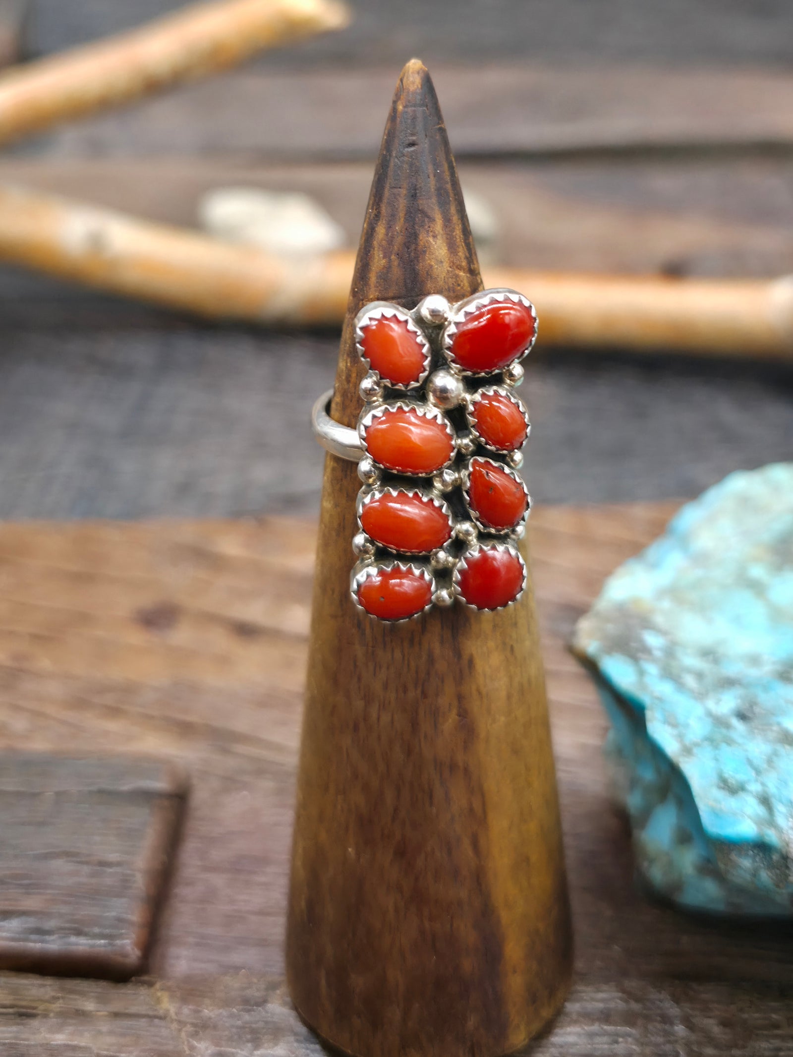 Sterling Silver Coral Four Row Cluster Ring by "AS" - Size 8