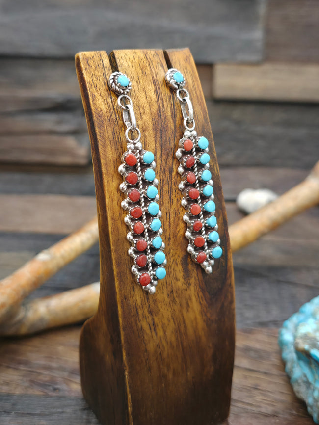 Turquoise and Coral Sterling Silver Snake Eye Earrings by Jean Paisano  - 2 1/2 in. by 1/2 in.