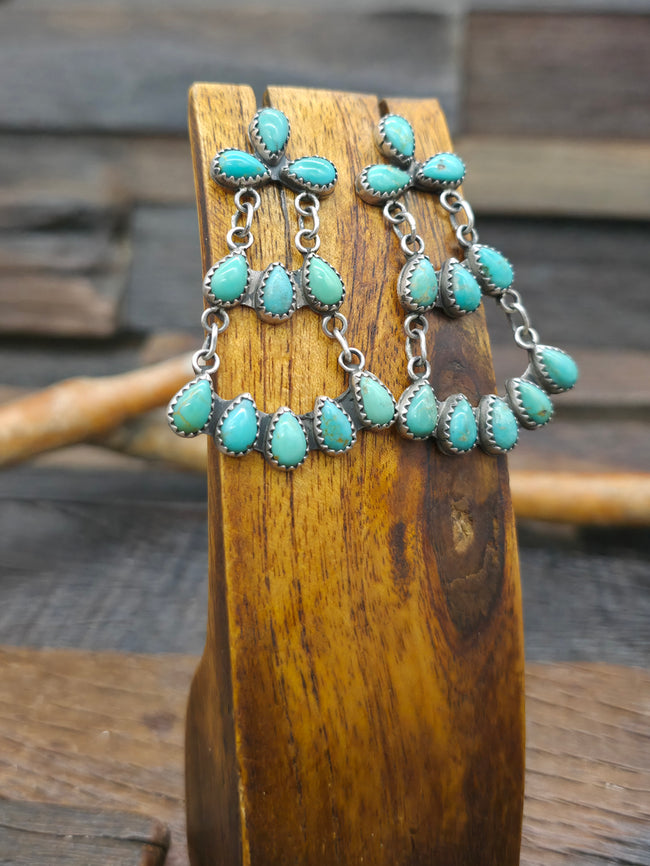 Sterling Silver Turquoise Chandelier Earrings by Jennifer Denetclaw - 2 in. by 1 1/4 in.