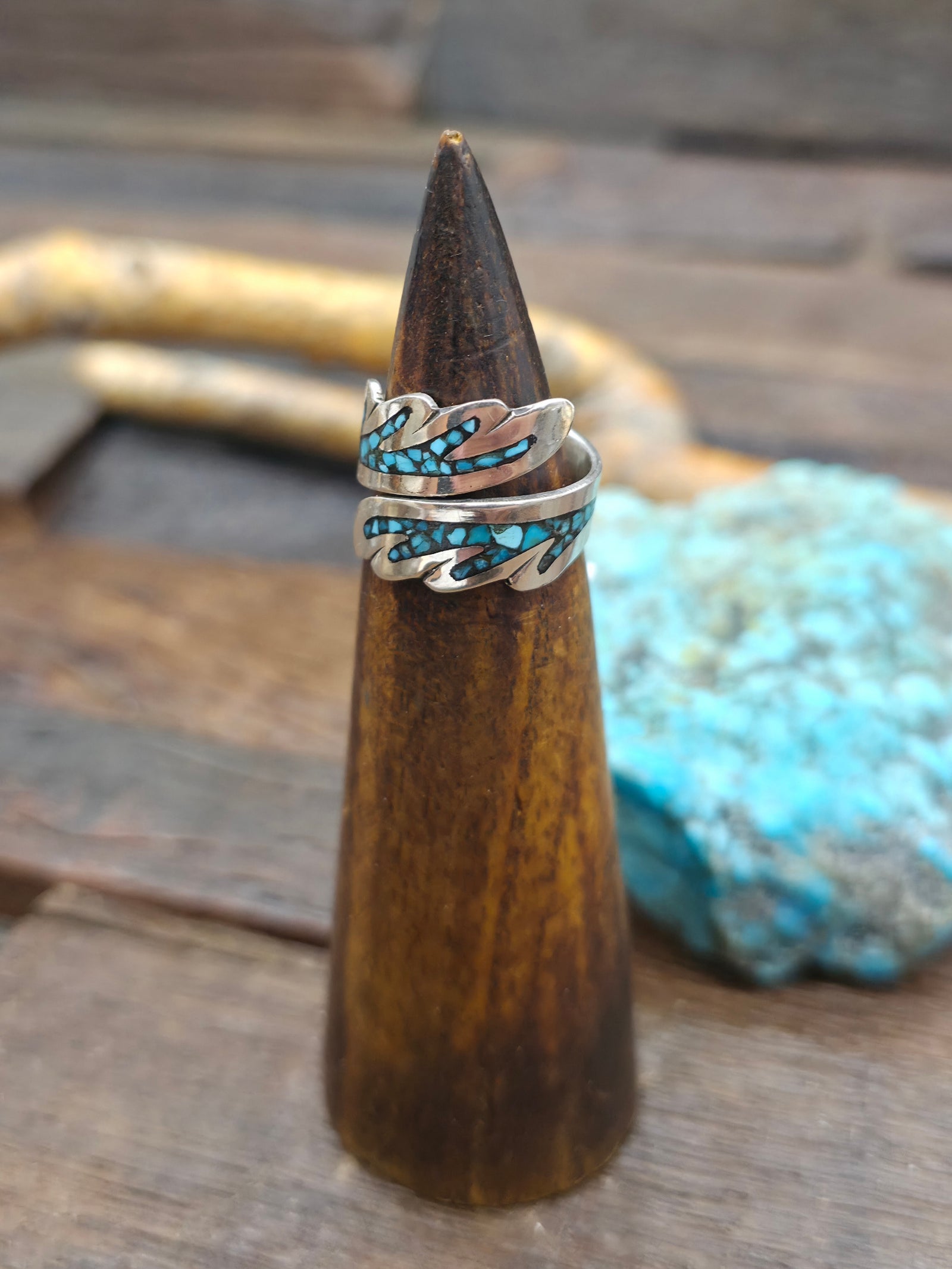 Sterling Silver Wrap Ring with Turquoise and Chip Inlay by Jolene Yazzie - Size 8