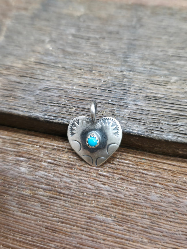 Stamped Sterling Silver Turquoise Heart Charm Pendant by Pauline Nelson - Designs Vary - 3/4 in. by 5/8 in