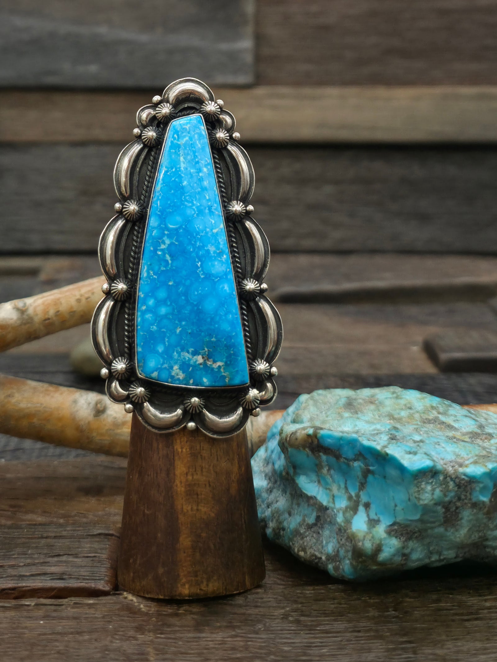 Sterling Silver Kingman Turquoise Statement Ring by Derrick Gordon - Adjustable