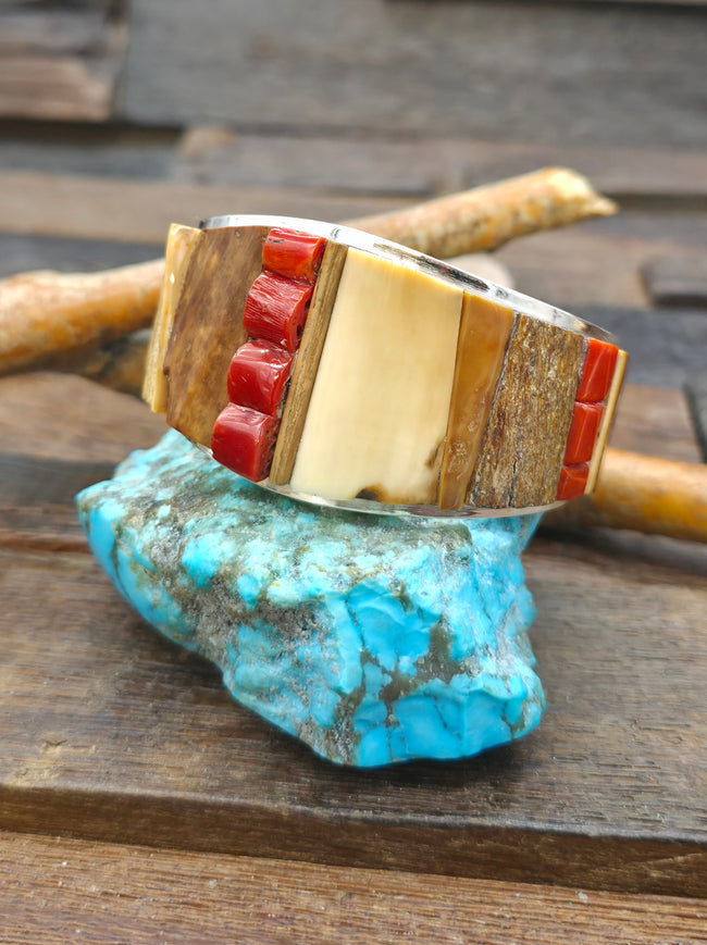 Sterling Silver Cobblestone Inlay Cuff with Coral and Fossil Ivory by Walter Vandever - 6 3/4 in. with Gap