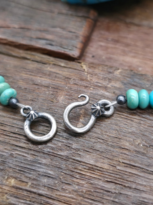 Sky Horse Turquoise Necklace with Stamped Sterling Silver Barrel Bead by Louise Joe - 20 in