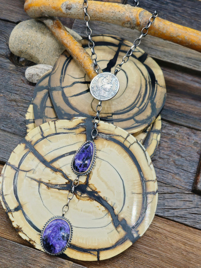 Sterling Silver and Charoite Lariat Necklace with 1916 Quarter - 18 in.