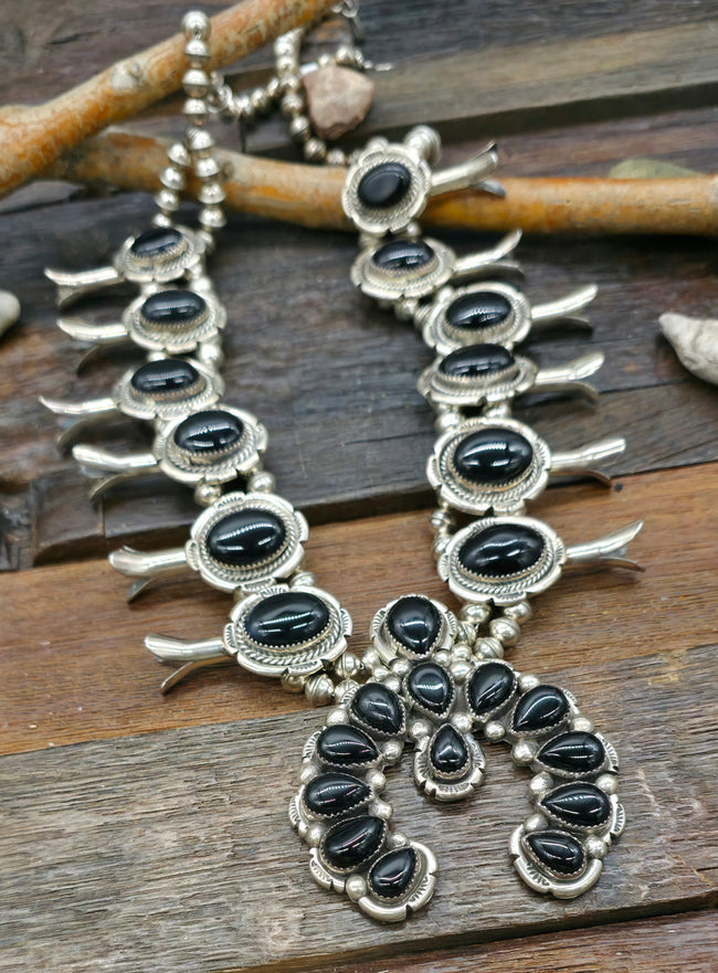 Sterling Silver Onyx Squash Blossom Necklace by M. Thomas - 26 in.