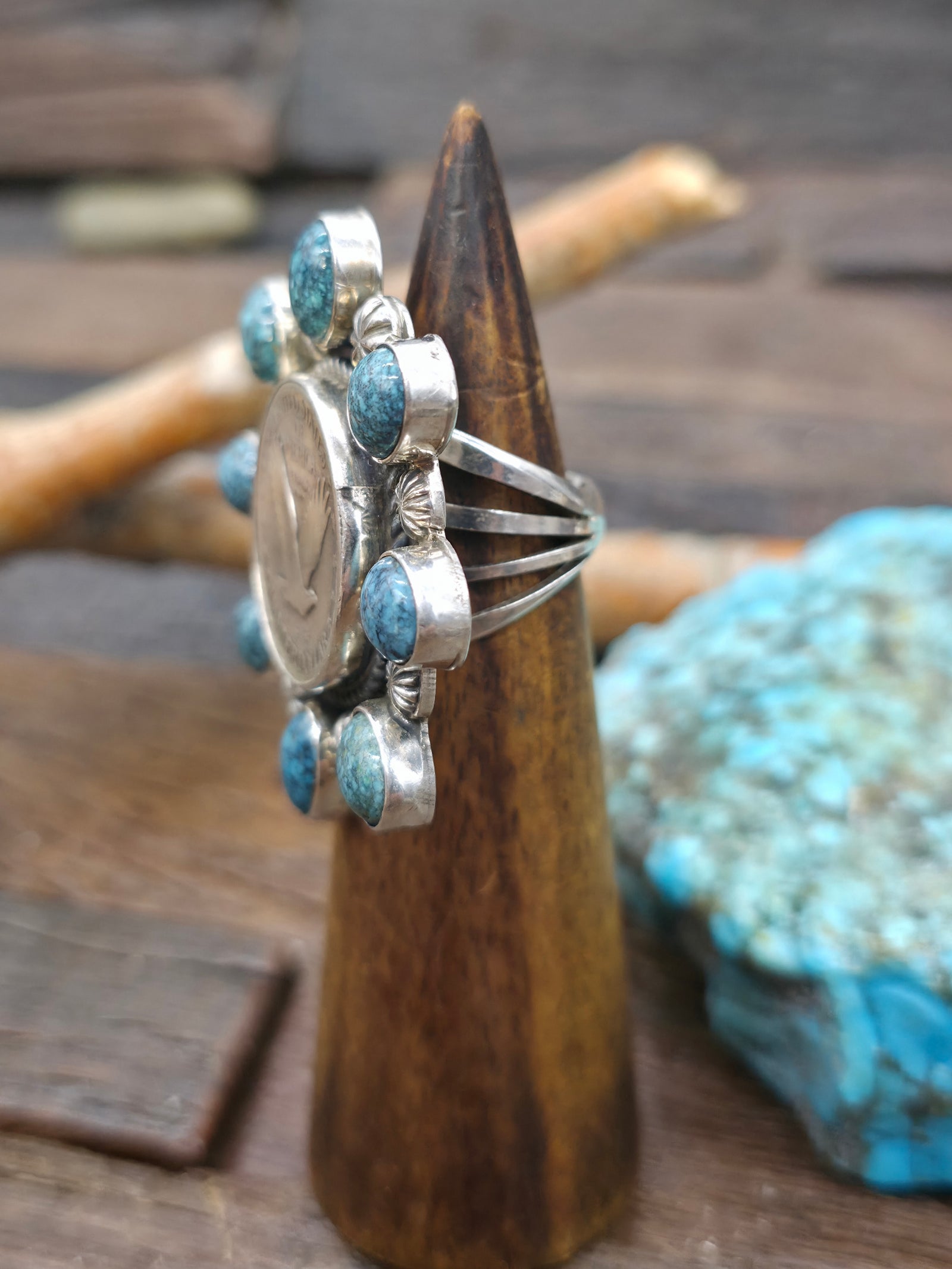 Blue Turquoise and Eagle Quarter Coin Ring by Rosella Paxson - Size 9