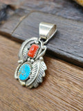 Turquoise and Coral Pendant with Sterling Silver Leaf by Julia Etsitty