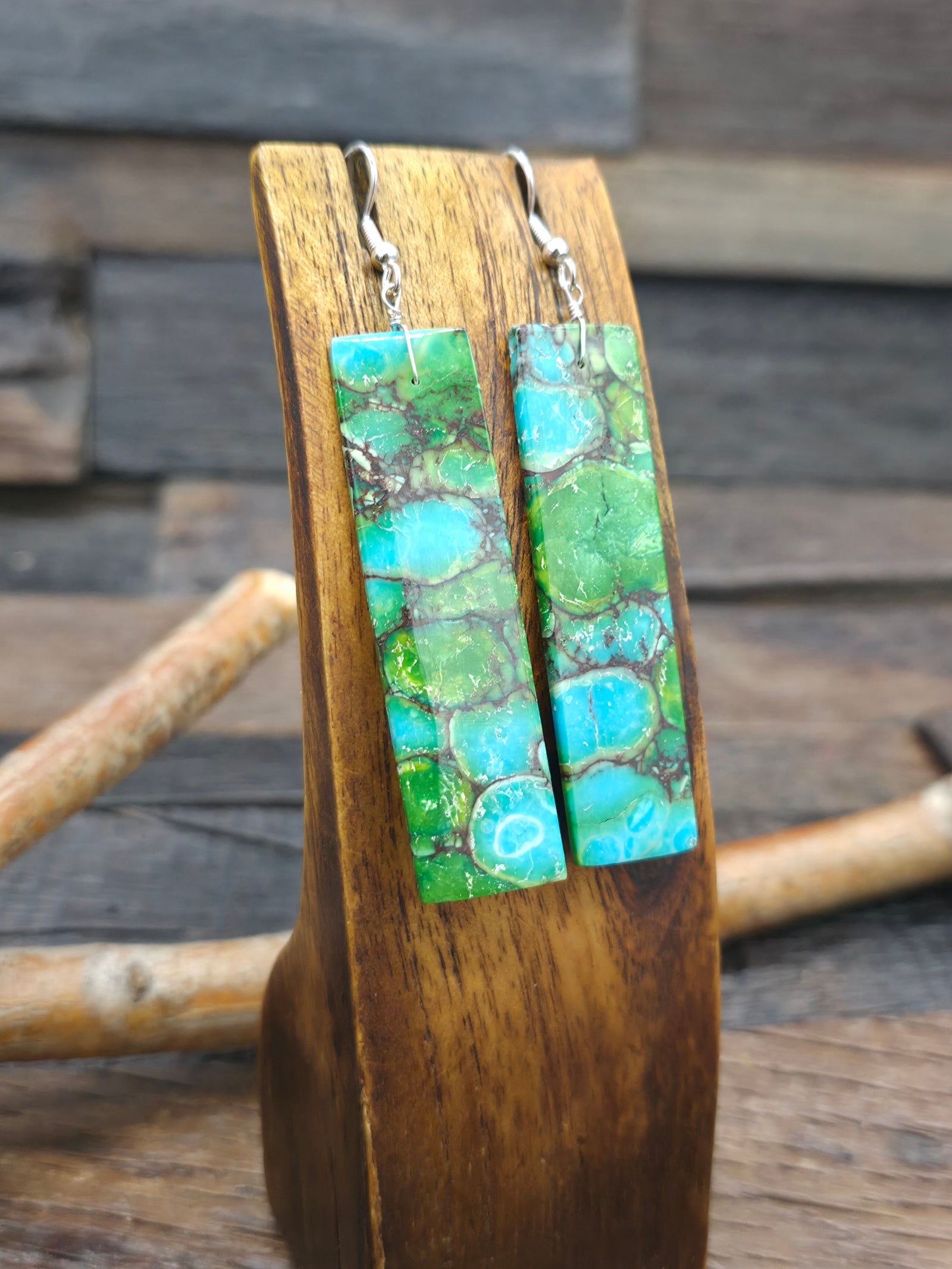 Green Composite Turquoise Slab Earrings by Jameson Pete - 3 1/4 in. by 5/8 in.