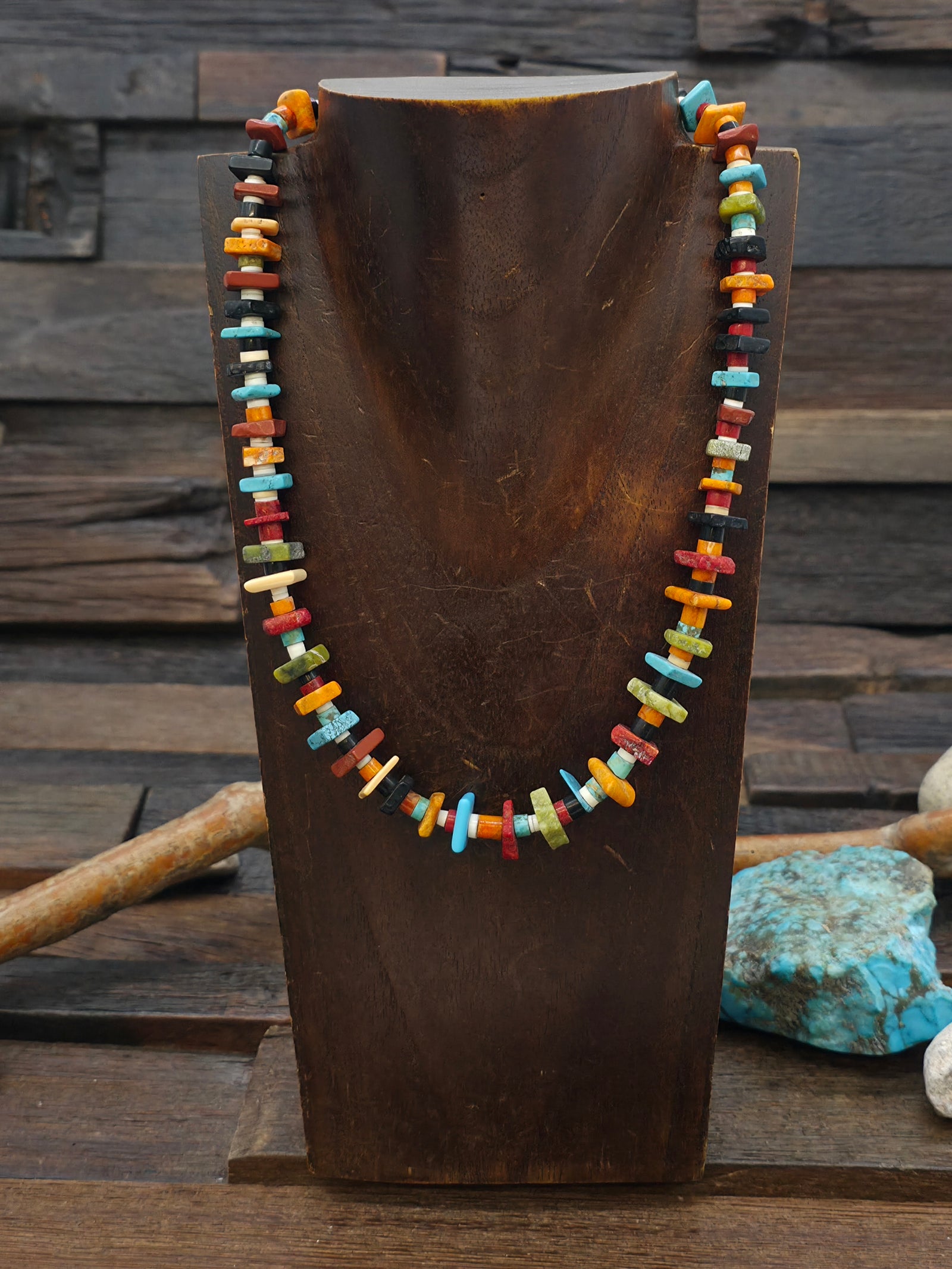 Multi Stone Necklace with Square and Heishi Beads by Pula Calabaza - 18 in. - Stones Vary