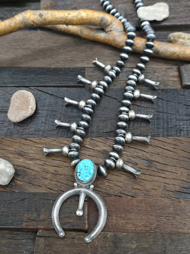 Sterling Silver and Turquoise Squash Blossom Necklace by Preston Haley - 22 in.