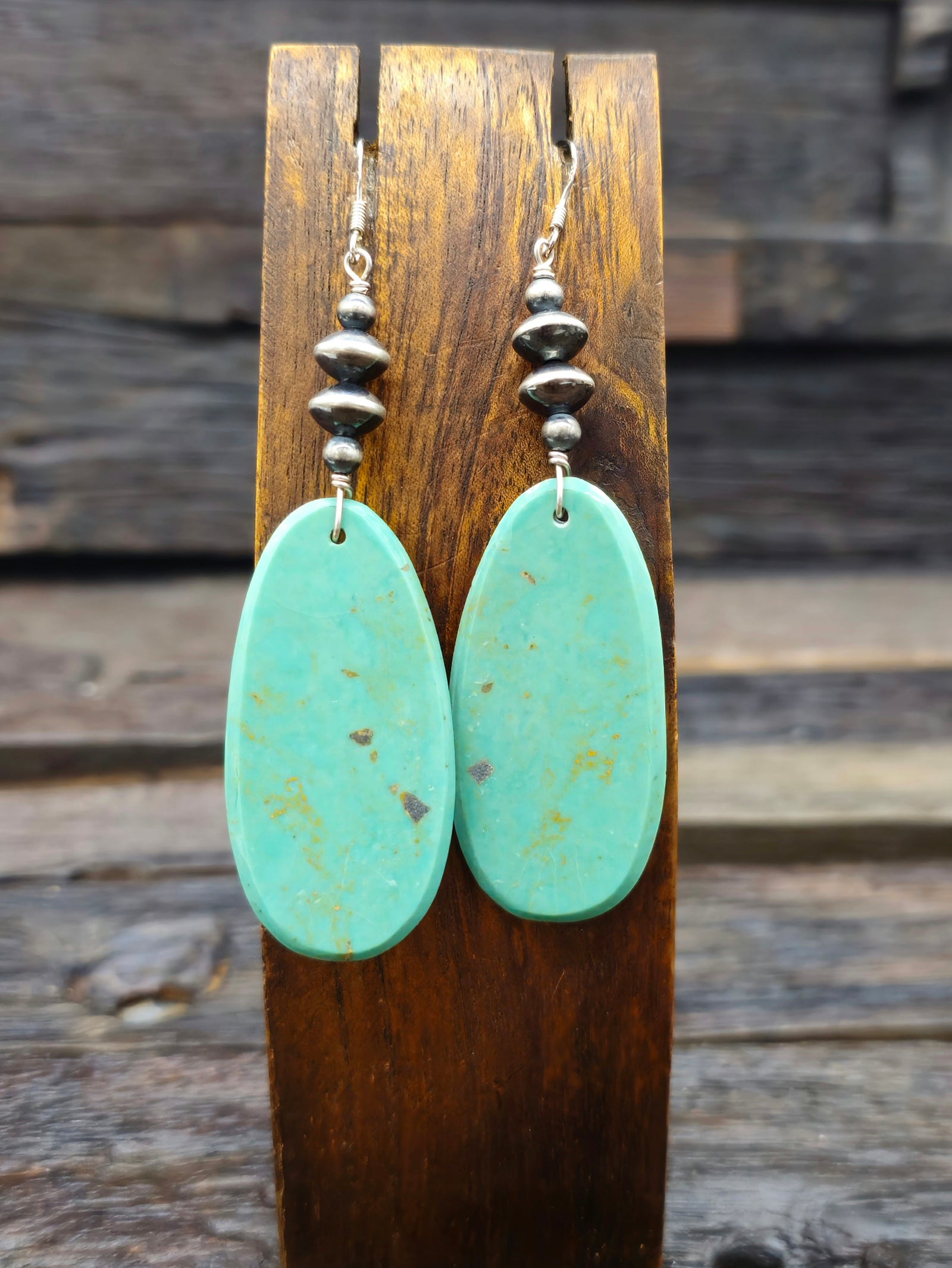 Turquoise Slab Earrings with Oxidized Sterling Silver Beads by Irene Lovato - 3 1/4 in