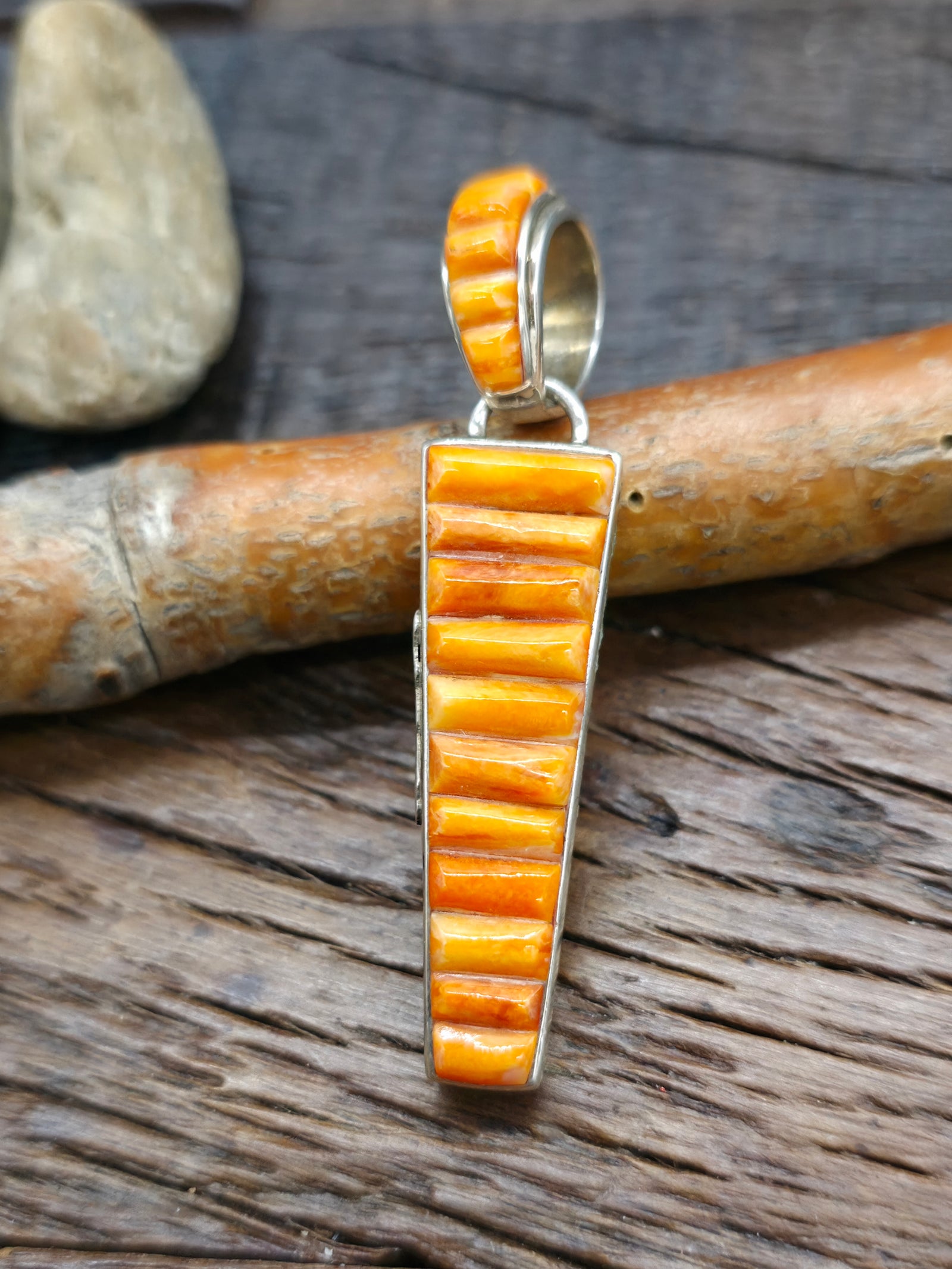 Sterling Silver Cobblestone Inlay Orange Spiny Oyster Pendant by Calvin Begay - 2 in. by 1/2 in.