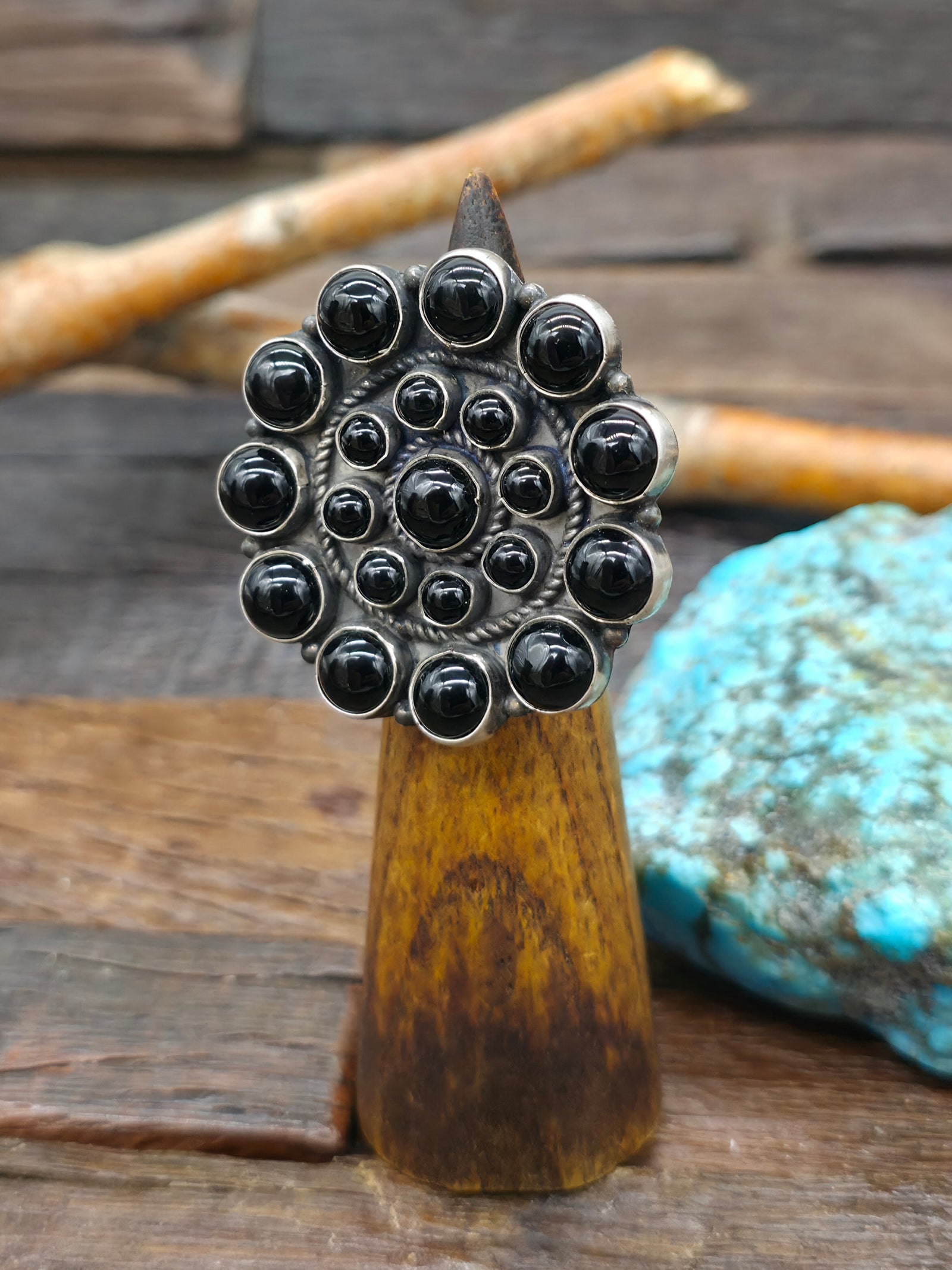 Sterling Silver Black Onyx Cluster Ring by Dein Brown - Adjustable
