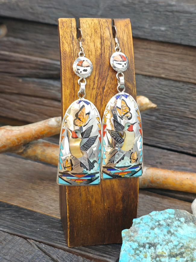 High Shine Sterling Silver Hummingbird Earrings by Quinton Quam - 3 1/2 in. by 1 in.