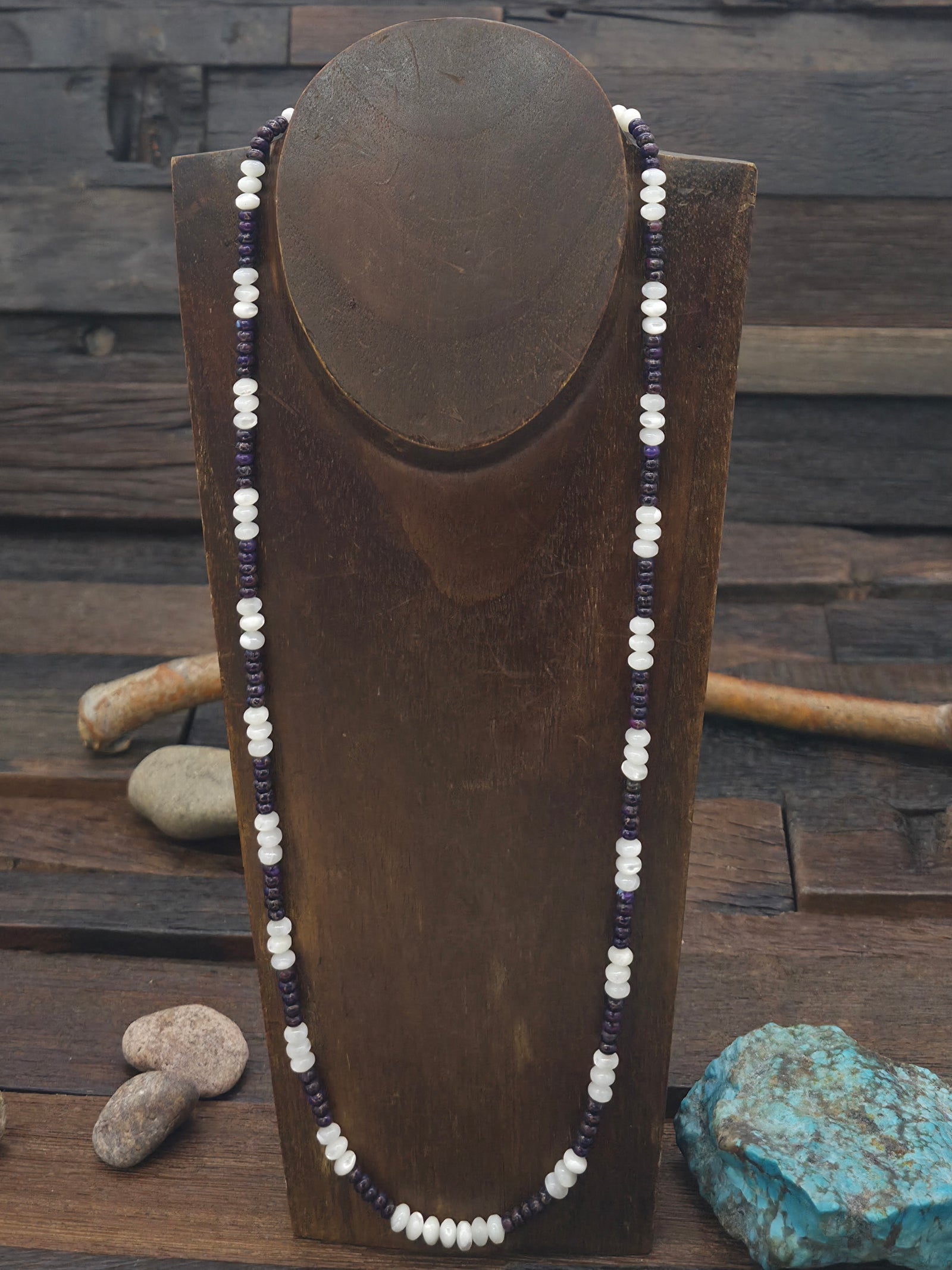 Mother of Pearl and Purple Mojave Bead Necklace by Fred Archuleta - 26 in.