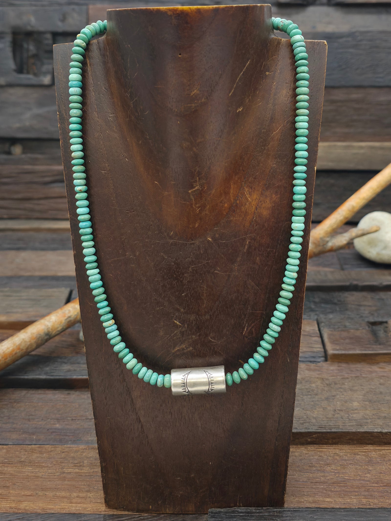 Sky Horse Turquoise Necklace with Stamped Sterling Silver Barrel Bead by Louise Joe - 20 in