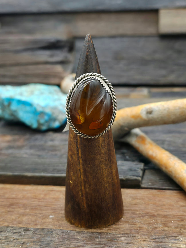 Sterling Silver Amber Statement Ring by Tommy Lee - Size 8 1/2