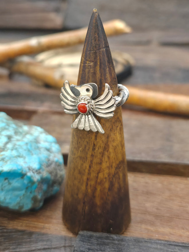 Sterling Silver Coral Twisted Shank Thunderbird Ring by Sunshine Reeves - Size 8 1/2